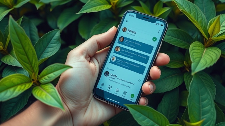 Hand holding smartphone with chat interface, surrounded by green leaves.