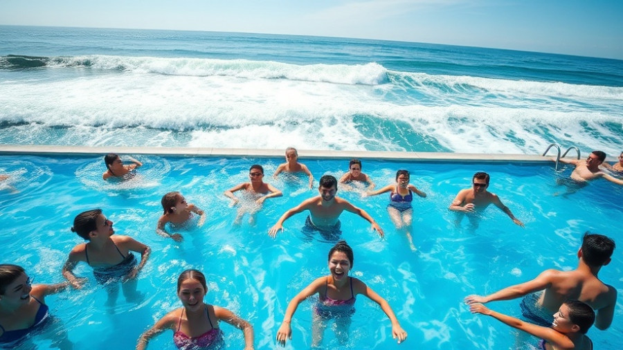 Lively oceanfront pool scene with people enjoying the water under the sun.