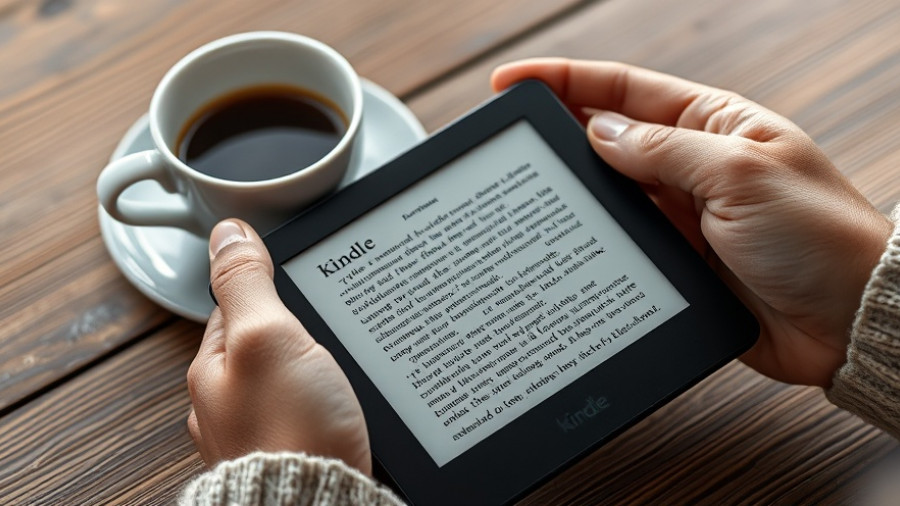 Hands holding a Kindle e-reader next to a coffee cup on a wooden table; free apps every Kindle owner needs.