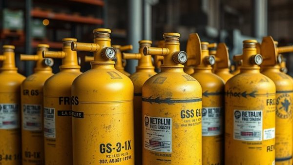 EPA refrigerant regulations: multiple yellow gas cylinders in a warehouse.