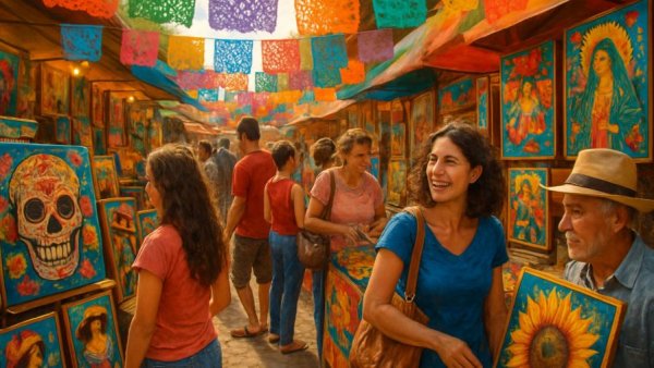 Lively Mexican art market in Cabo San Lucas with colorful decor.