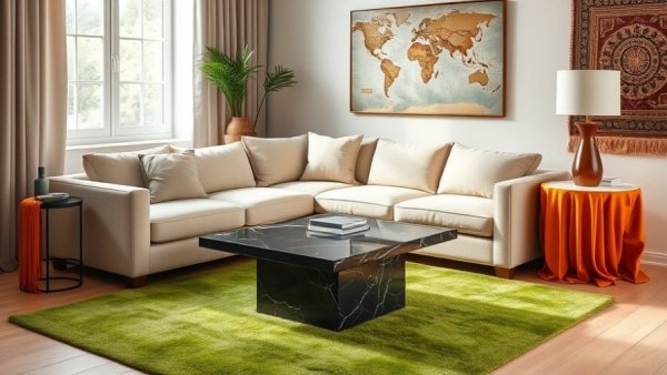 Elegant living room with green area rug and plush beige sofa.