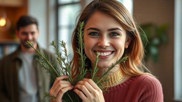 Smiling woman holding fresh rosemary indoors, healthy skin regeneration after injury.