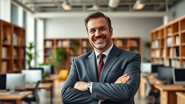 Confident man in suit standing in modern office, how to create a business plan.