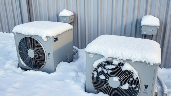 Snow-covered HVAC units outside building in winter 2025-26 forecast.