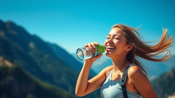 Young woman drinking water while hiking, emphasizing the importance of creatine for women's health.