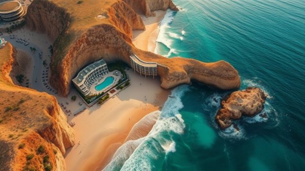 Scenic beach view of Cabo San Lucas at sunset with resorts and cliffs.