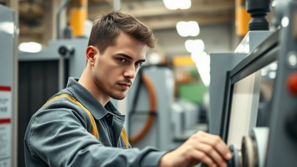 Young engineer operating CNC machine in industrial setting for CNC solutions.