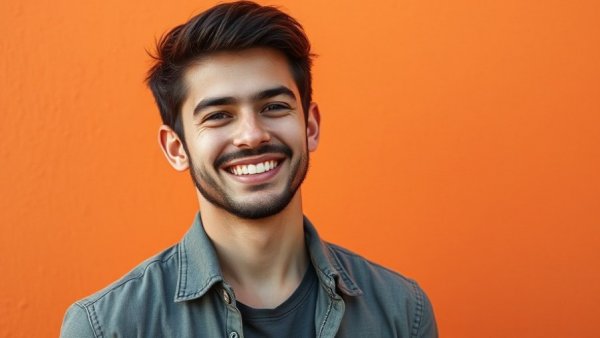 Young entrepreneur smiling confidently against orange wall.