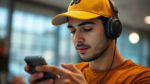 Young man using phone in yellow cap, how to spot a deepfake video.