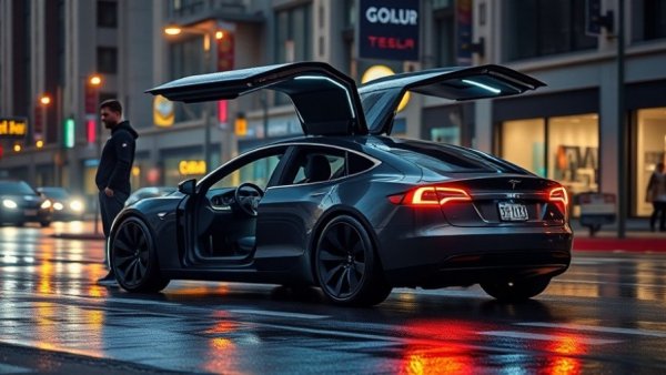 Futuristic Tesla Cybercab production in urban street setting.