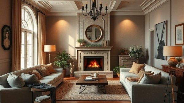 Cozy living room with fireplace, elegant decor, Inkbird ITC-308 home ambiance.