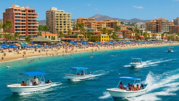 Aerial view of Los Cabos international beach destination with boats.