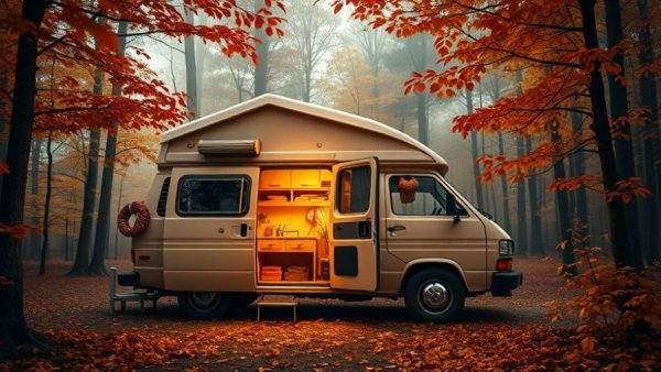 Cozy customized camper van in autumn forest setting