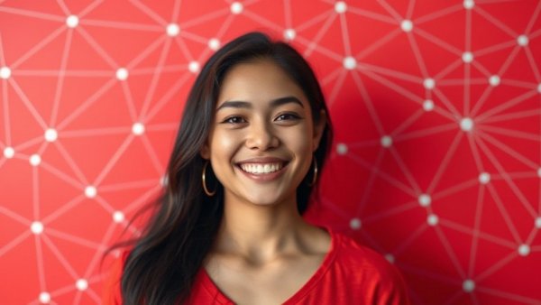 Impact of Priya Khandelwal on the tech landscape: Smiling woman in front of digital network backdrop.
