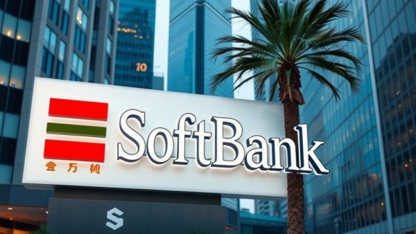 SoftBank headquarters sign in city backdrop with palm tree.