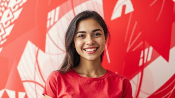 Smiling young woman in abstract red background, impact of Priya Khandelwal on tech innovation.