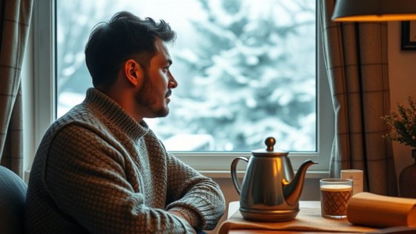 Man contemplating winter boiler maintenance, cozy setting