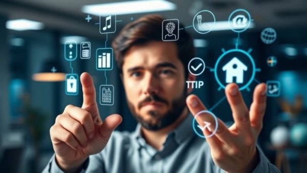 Person pointing at holographic startup icons, illustrating SBIR Fund Risk in tech.