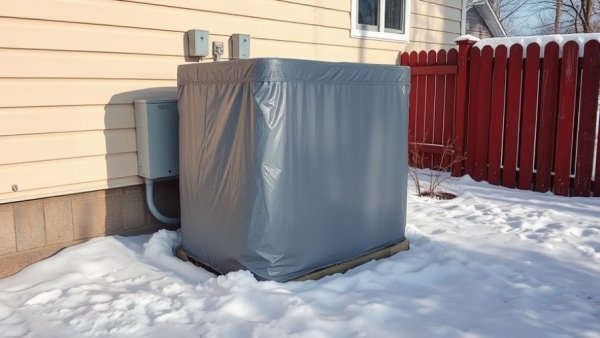 AC unit covered for winter protection with snow on top.