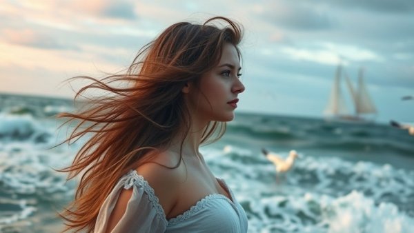 Historical fiction book cover with woman by stormy sea.