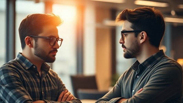Two men discussing recruitment strategies in a modern office.
