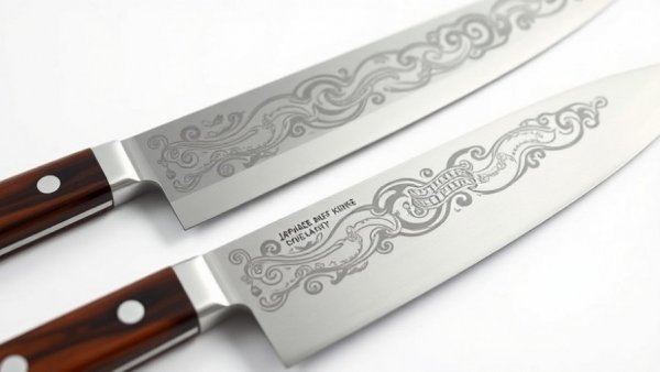 Japanese chef knives with ornate patterns for business owners, elegant display.