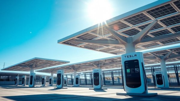Tesla charging station under solar panels symbolizing EV Stocks Investment 2026.