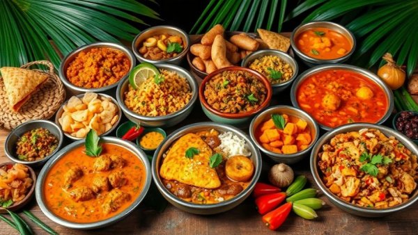 Vibrant Sri Lankan culinary display with colorful curries on rustic table.
