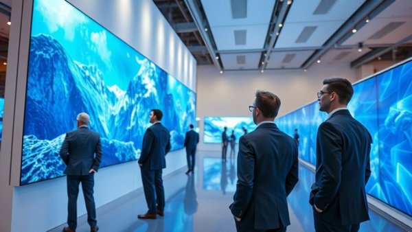 Men observing large HDR10+ display screens with vibrant blue visuals.