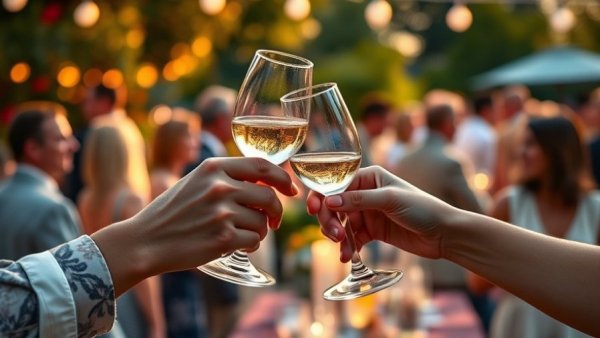 Founders etiquette school, people clinking glasses at a sunny garden party.