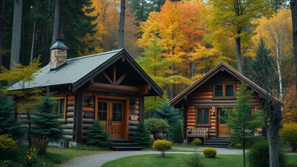 Charming cabins amidst lush trees in Hokkaido's serene nature.