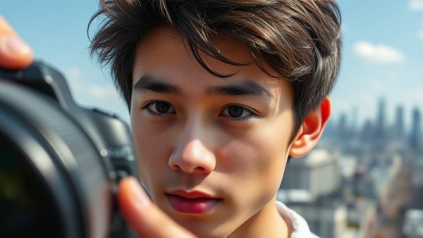 Zoom lens impacts sports coverage, young man, city view.