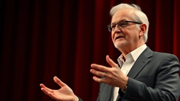 Warmly gesturing older man on stage, business insights setting.