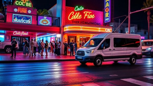 Night out car service in Cabo San Lucas with vehicles outside nightclub.