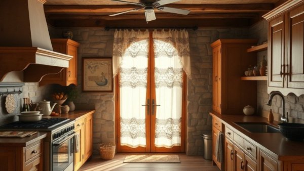 Rustic kitchen featuring Noren curtains in a stone doorway.
