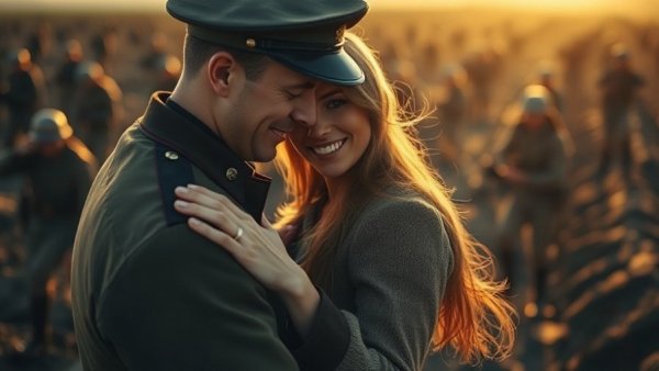 A tender World War I romance scene, couple embracing.