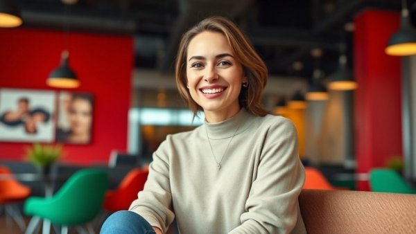 Confident young woman in modern office, Cathy Di tech innovation background.