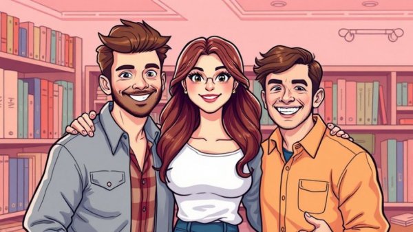 Book cover illustration with strong female lead in a friendly pose with two men.