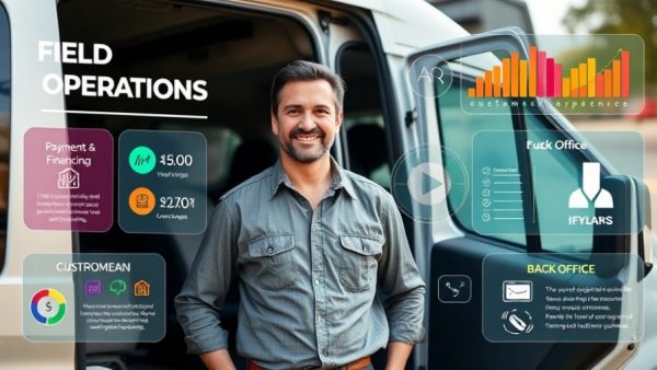 WEX Field Service Management features infographic with a confident man near a van.