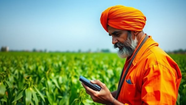 Indian farmer using device in lush field, regenerative farming investment India.