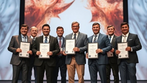 Men receiving awards celebrating leadership and innovation in construction.