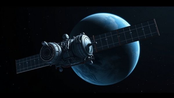 Futuristic satellite orbiting Earth, illustrating data centers in space.