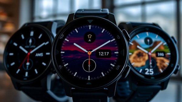 Three Garmin Venu X1 smartwatches displaying vivid interfaces.
