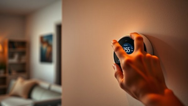 Hand adjusting digital thermostat at night, lowering the heat.