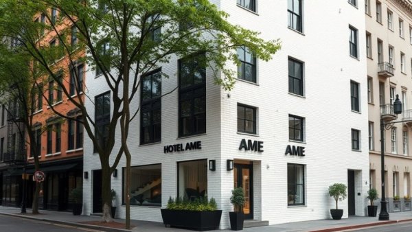 Facade of Minimalist Hotel Âme in Rotterdam with white brickwork.