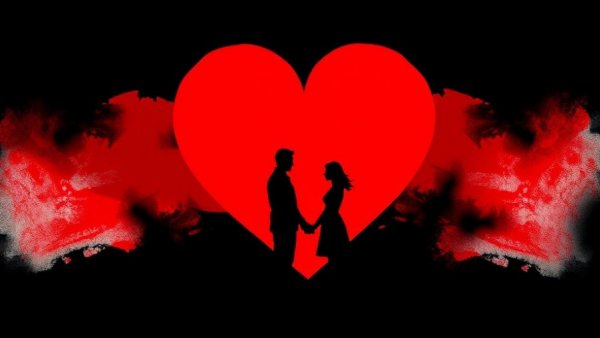 Silhouetted couple holding hands under red heart, clean romance