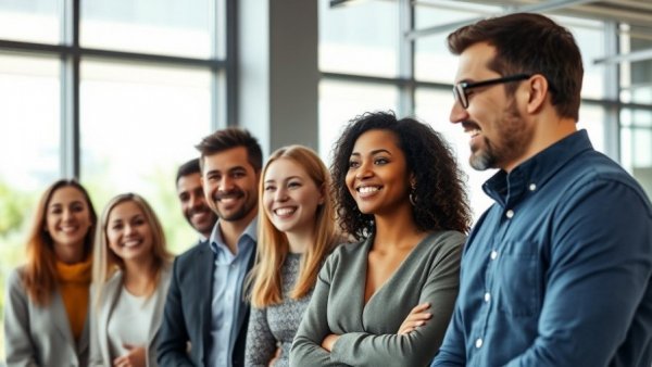 Diverse group in office, discussing AI in logistics.