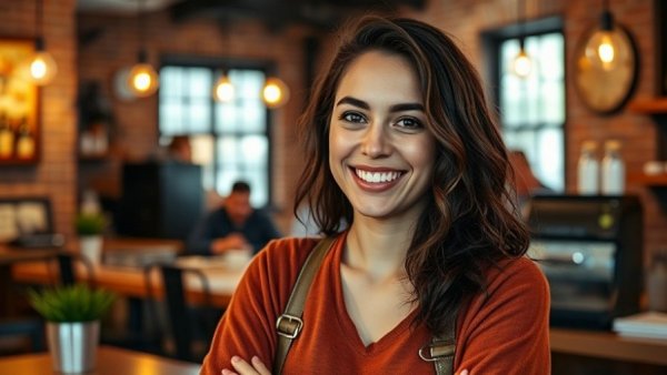 Confident young woman in a coffee shop, smiling warmly.