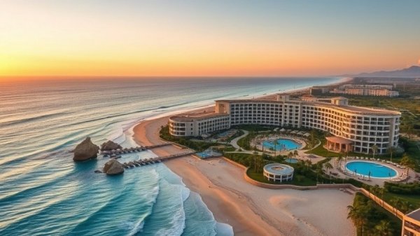 Luxury beach resort in Cabo San Lucas, oceanfront view.